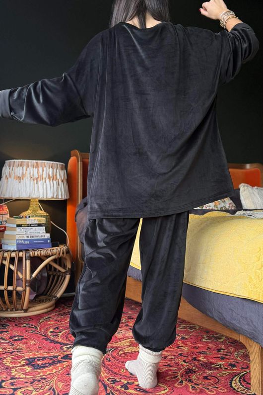 Binky Bow Soft Stretch Velour Lounge Suit Black